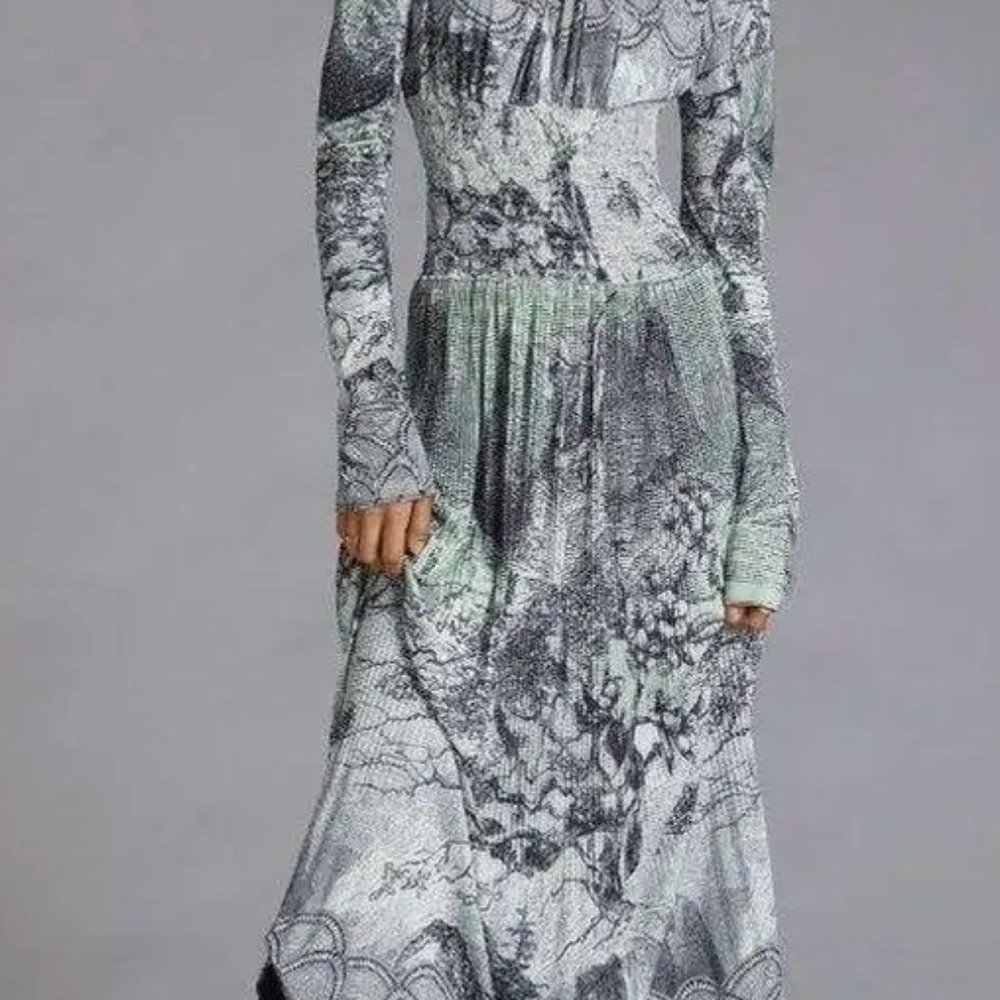 Beatrice B, Anthropologie Pleated Jersey Printed, Maxi Dress, Long Sleeve